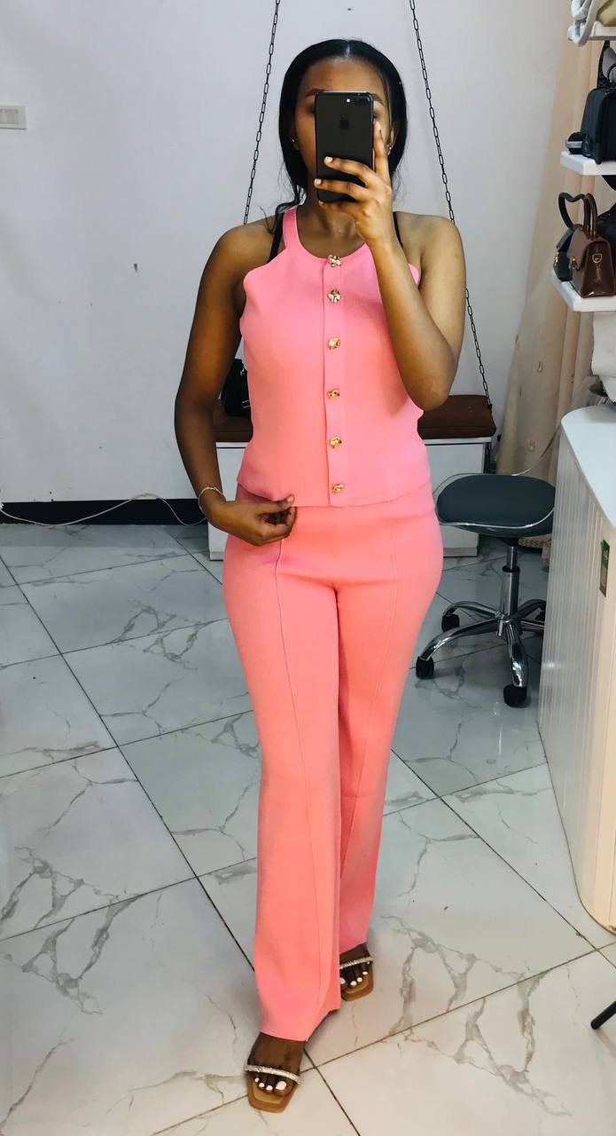 Knit Sleeveless Button-Front Wide-Leg Jumpsuit