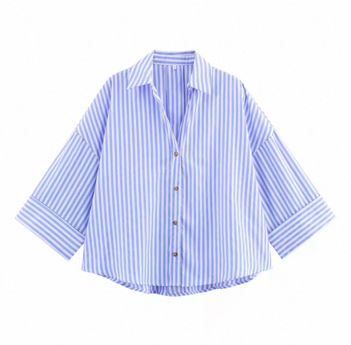 Blue and white striped oversized button-down shirt