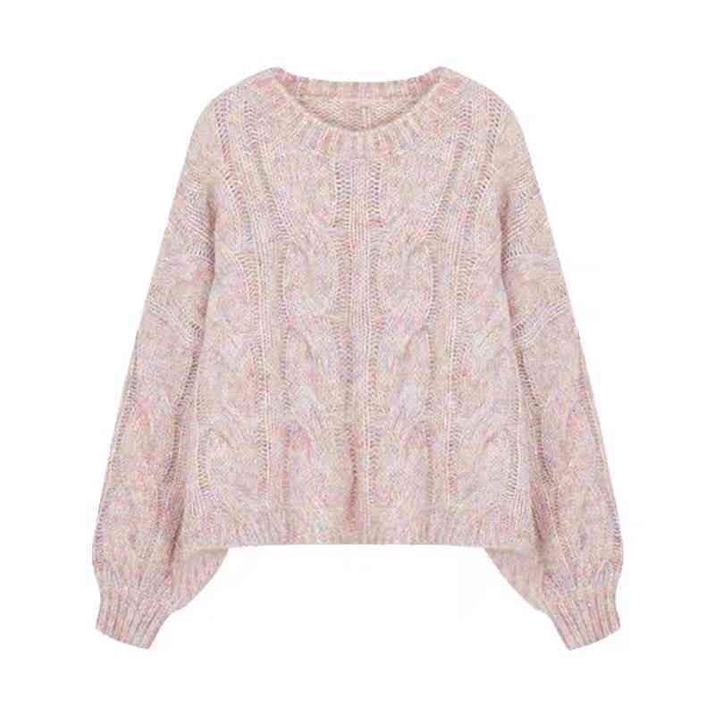 Pastel pink multi-color mix cable-knit pullover sweater