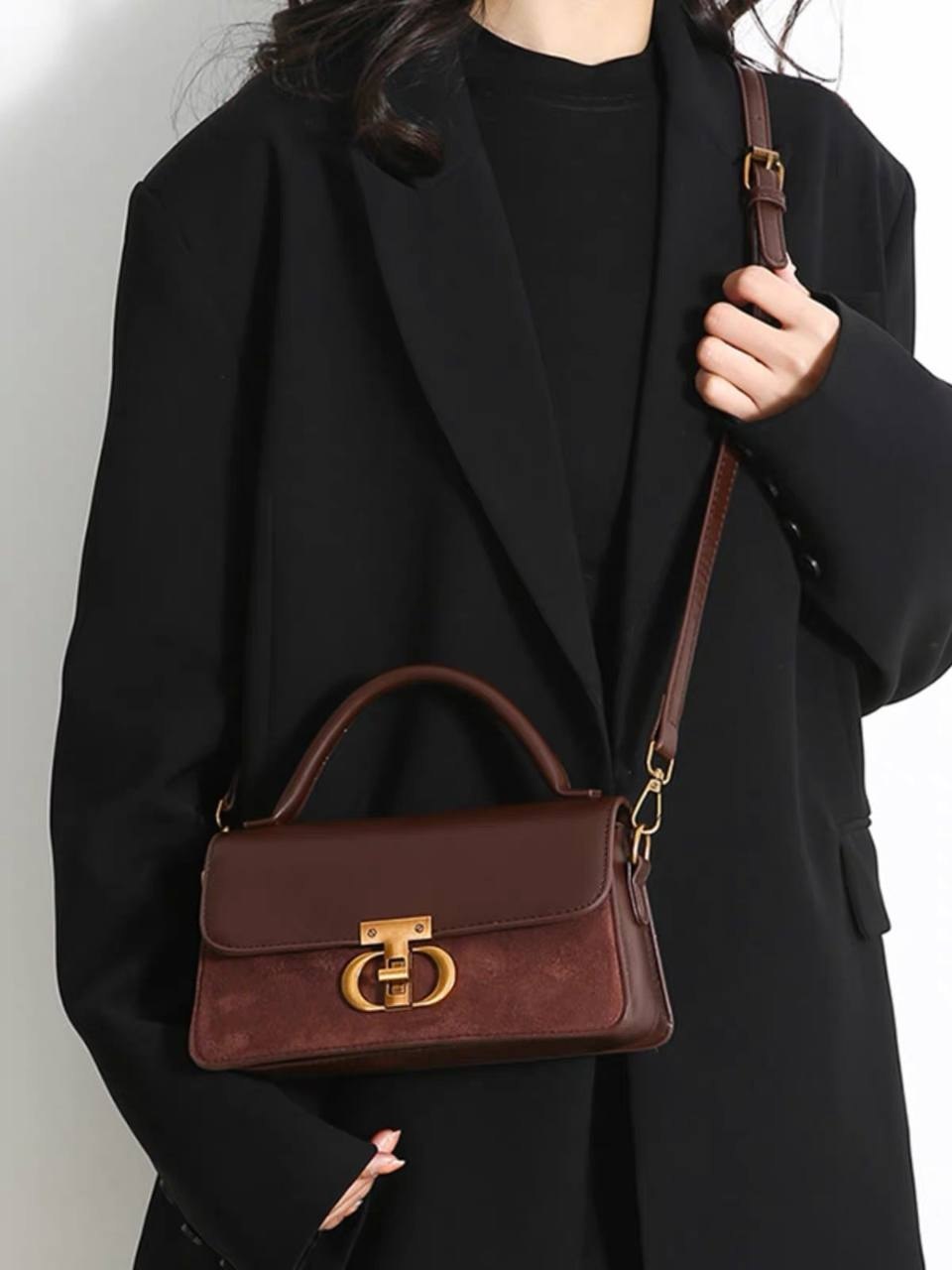 Brown colourblocked PU and suede-textured structured handbag