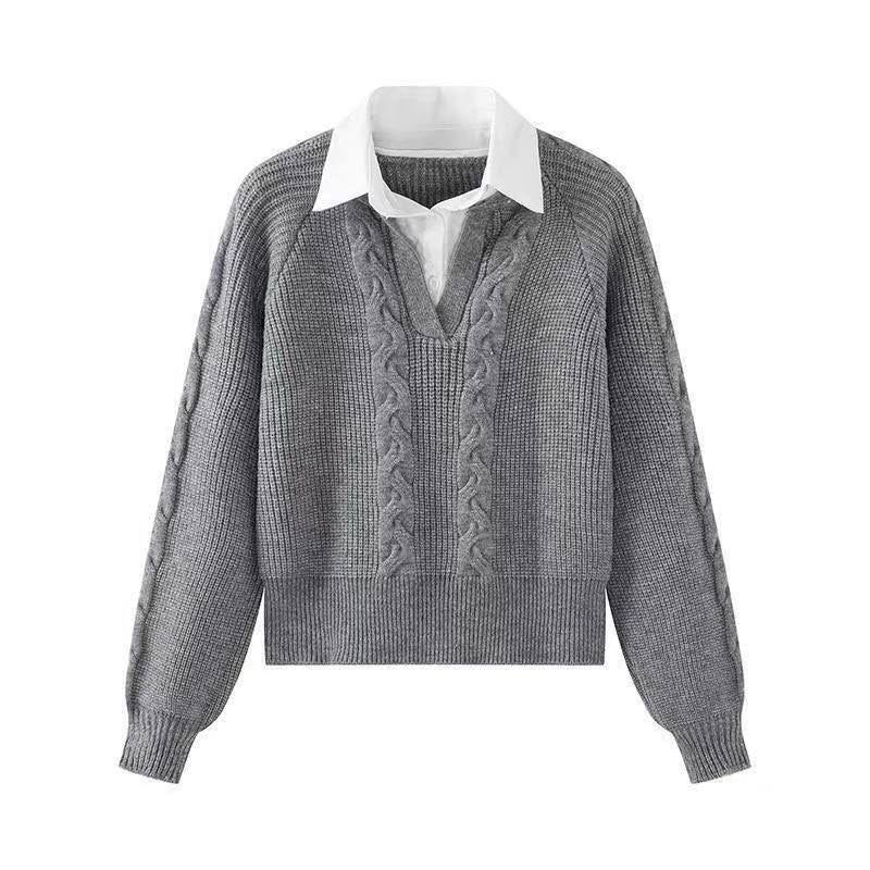 Gray 2-in-1 layered cable-knit sweater