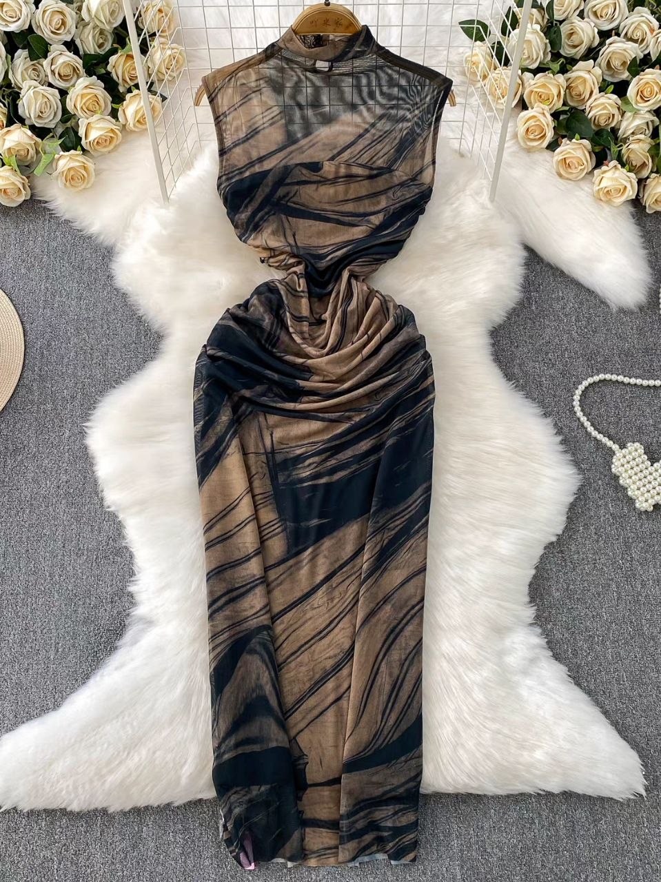 Abstract Print Mesh Bodycon Dress
