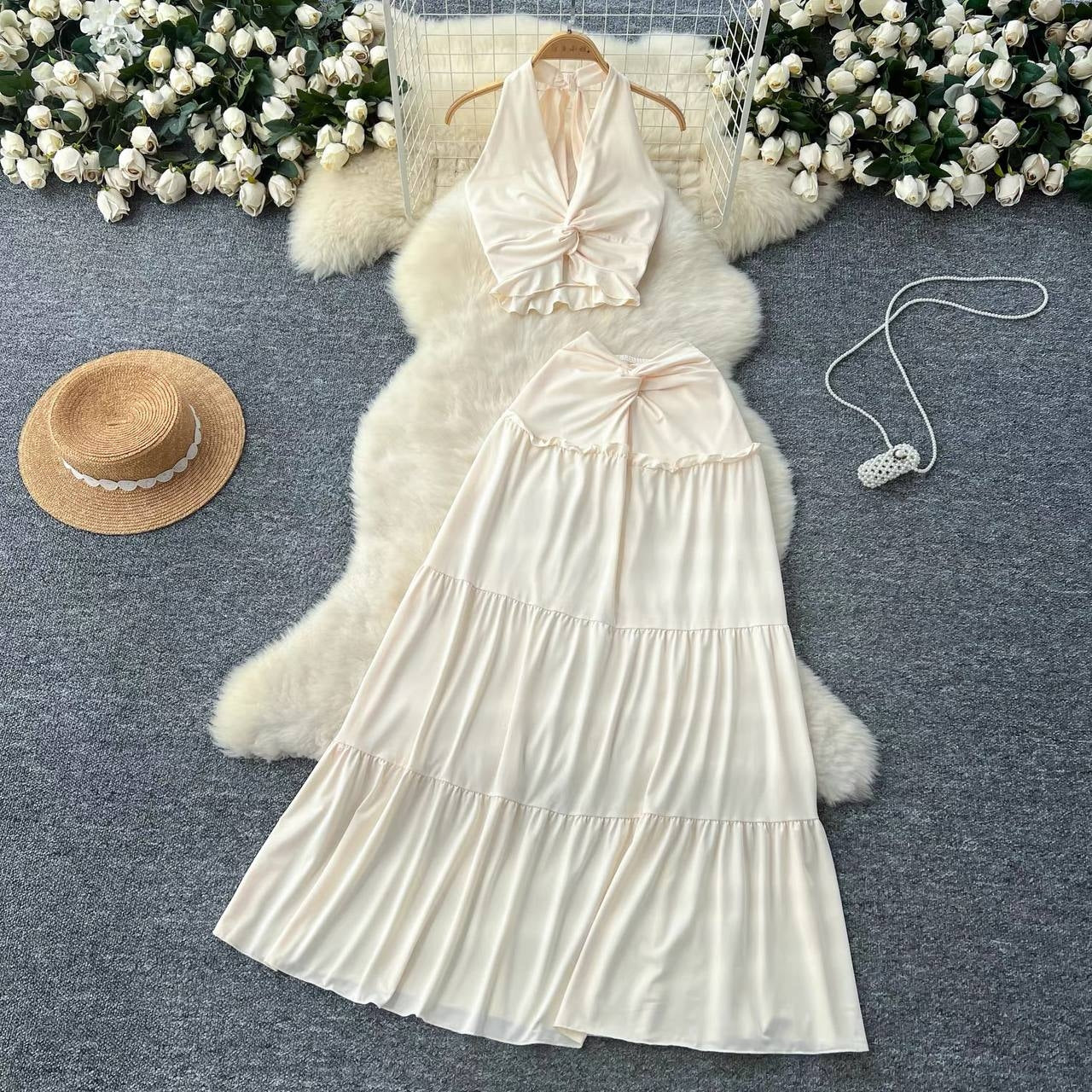 Two-piece halter top and tiered maxi skirt matching set