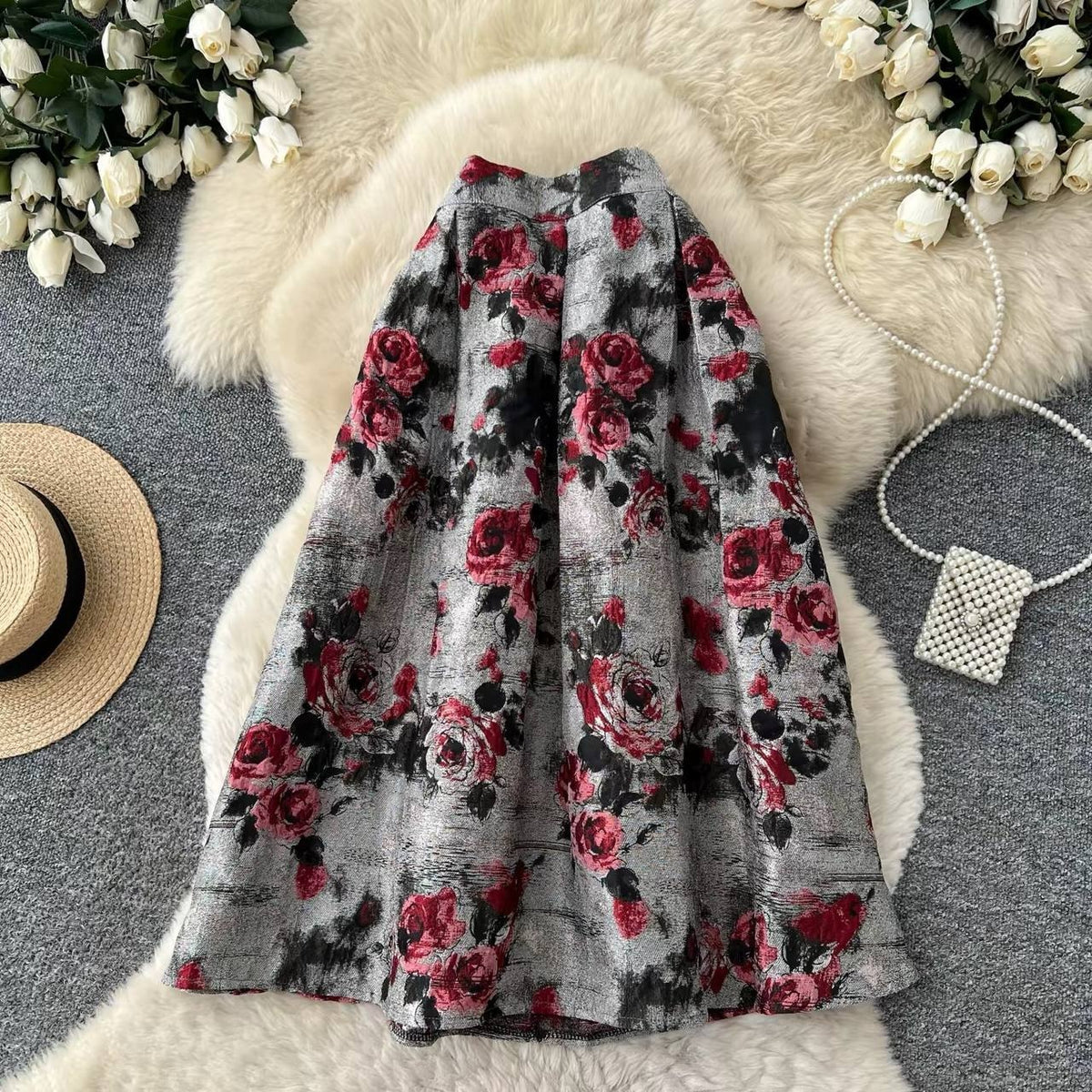 Red floral-print A line midi skirt