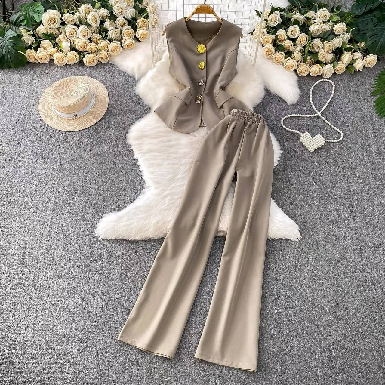 Fitted sleeveless vest and matching high-waisted wide-leg trousers