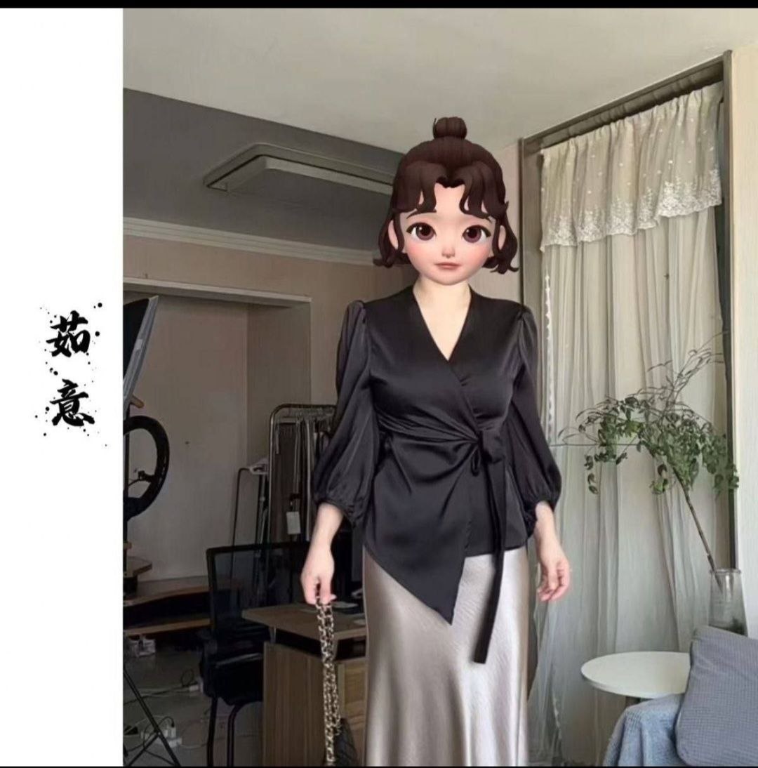 Black satin wrap blouse