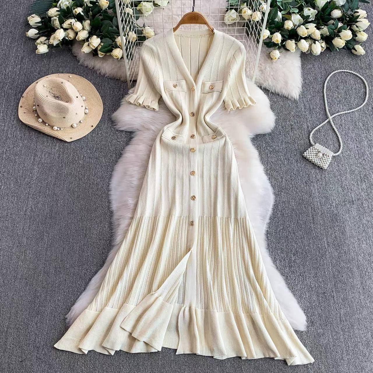 Cream V neck single breasted knitted midi dress,