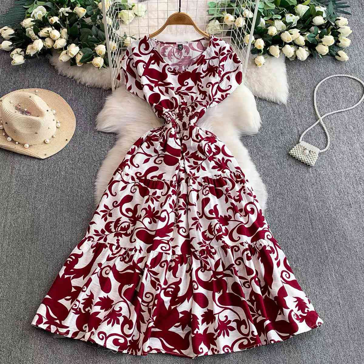 French vintage-style red and white floral print midi dres