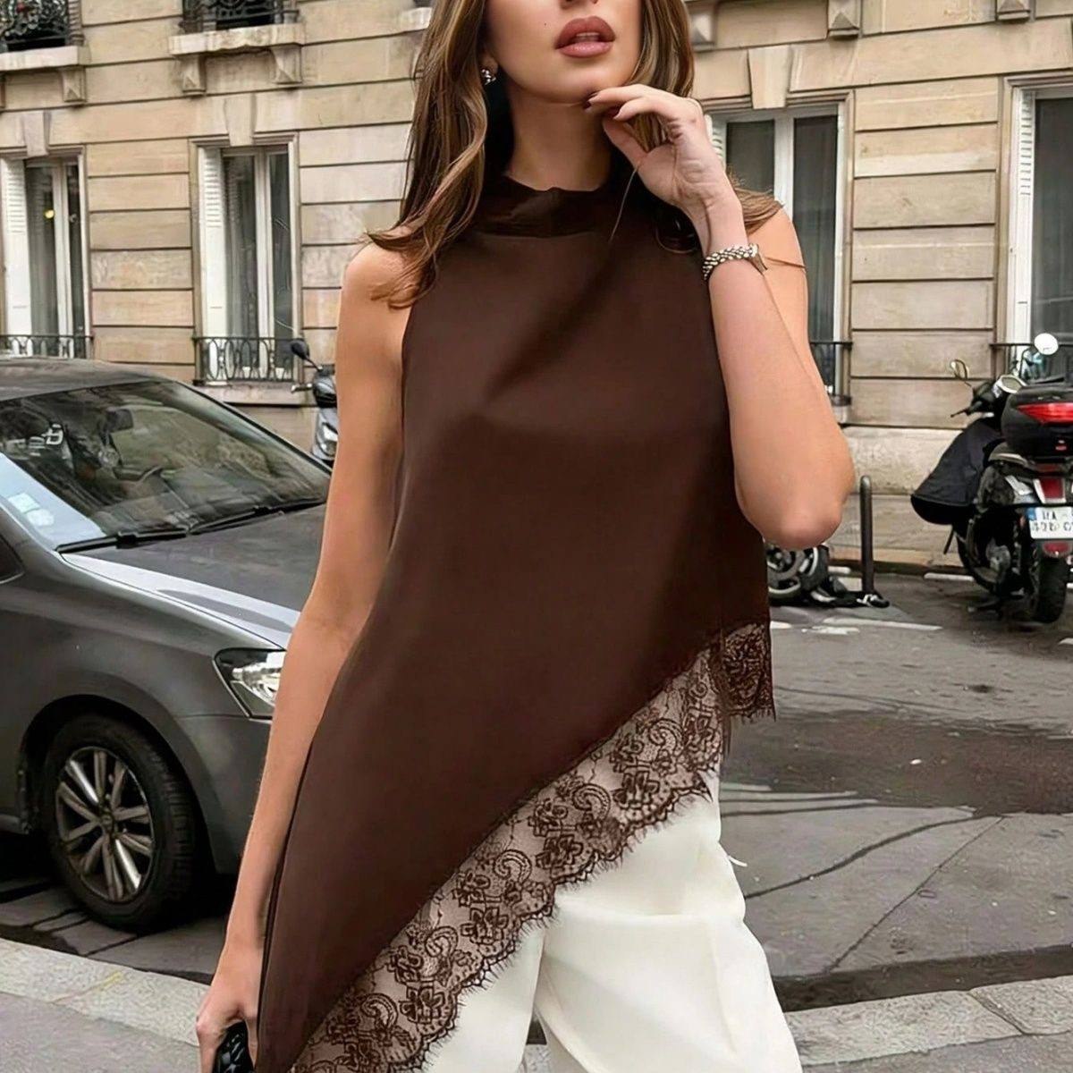 Asymmetric chocolate brown satin halter top featuring a delicate contrast lace trim