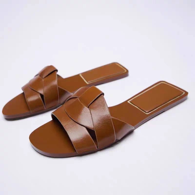 Zara Flat Leather Sandals with Criss Cross Straps