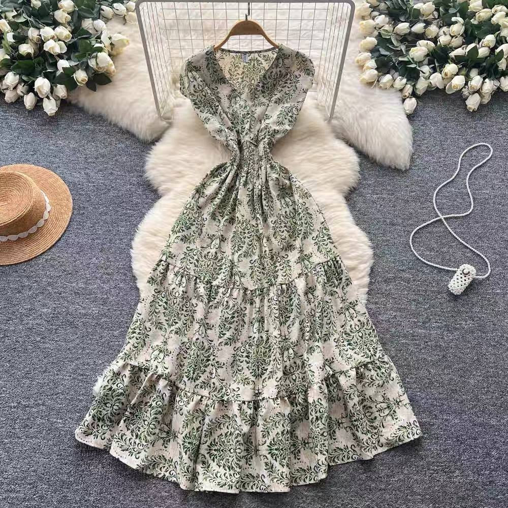 Bohemian-style green and white damask print maxi dress