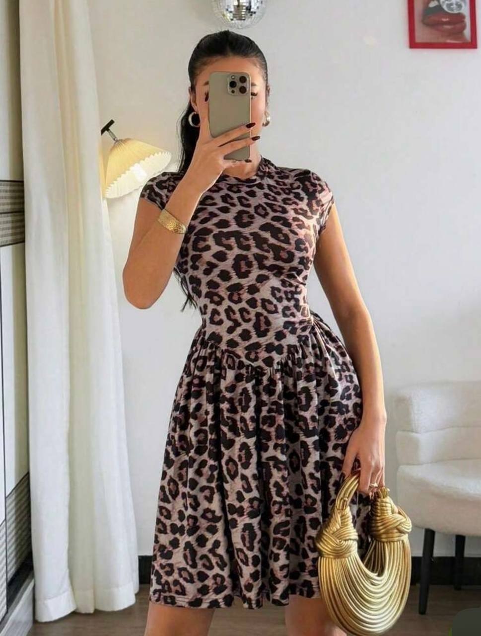 Rafferiza Knitted Waist Flared Leopard Print Dress