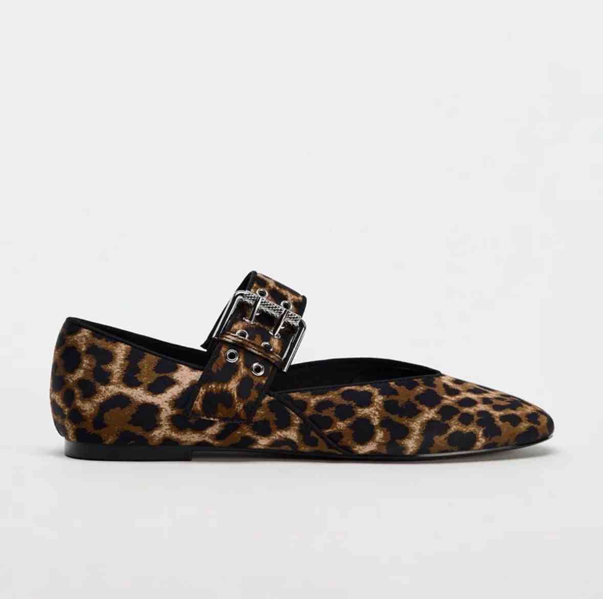 Zara Leopard Print Satin Mary Jane Ballet Flats