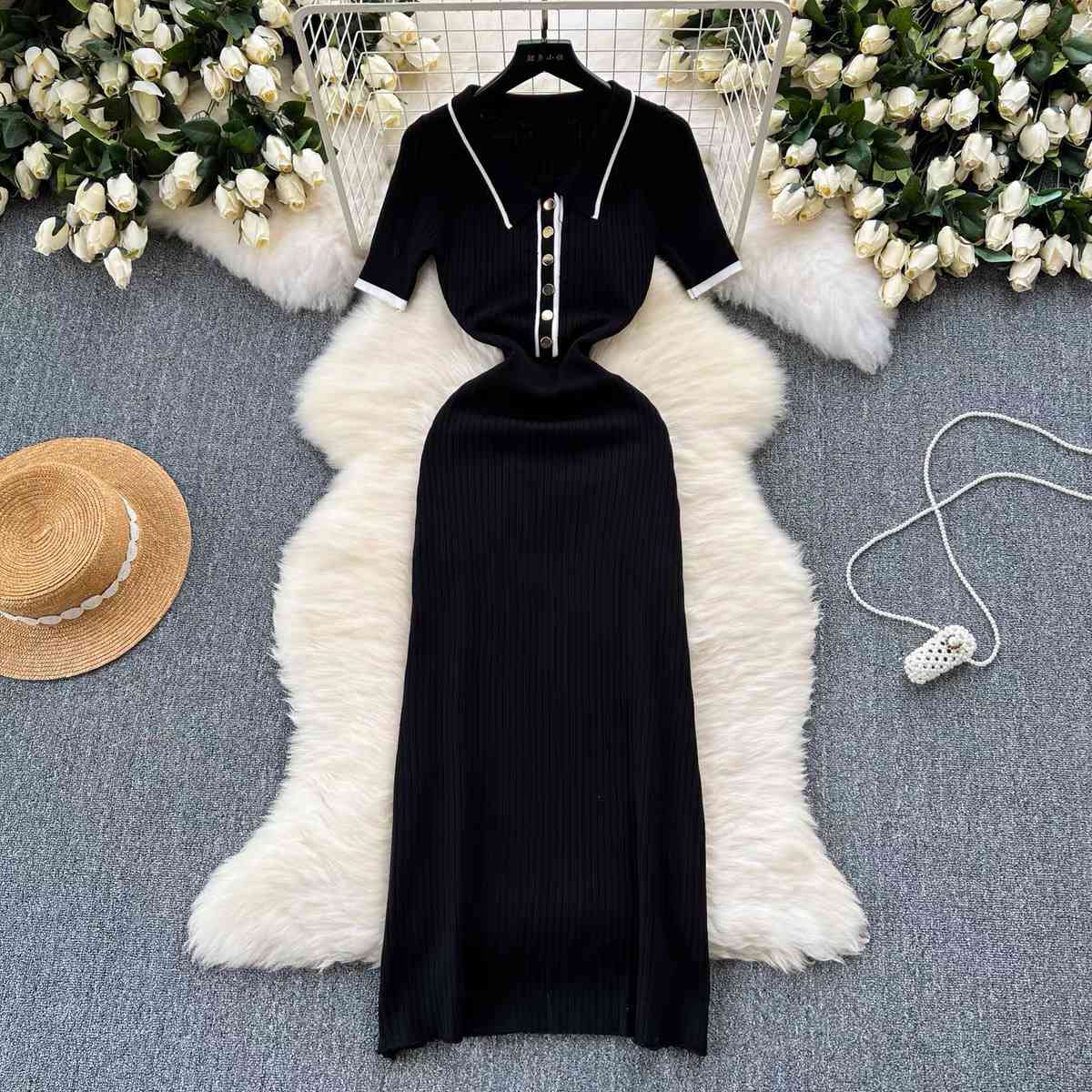 Black ribbed knit midi dress