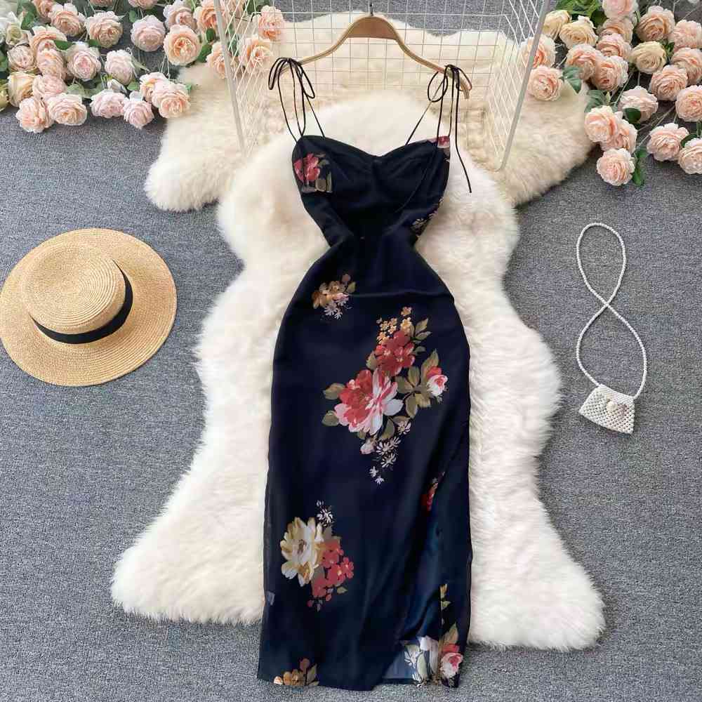 Black bodycon floral midi dress