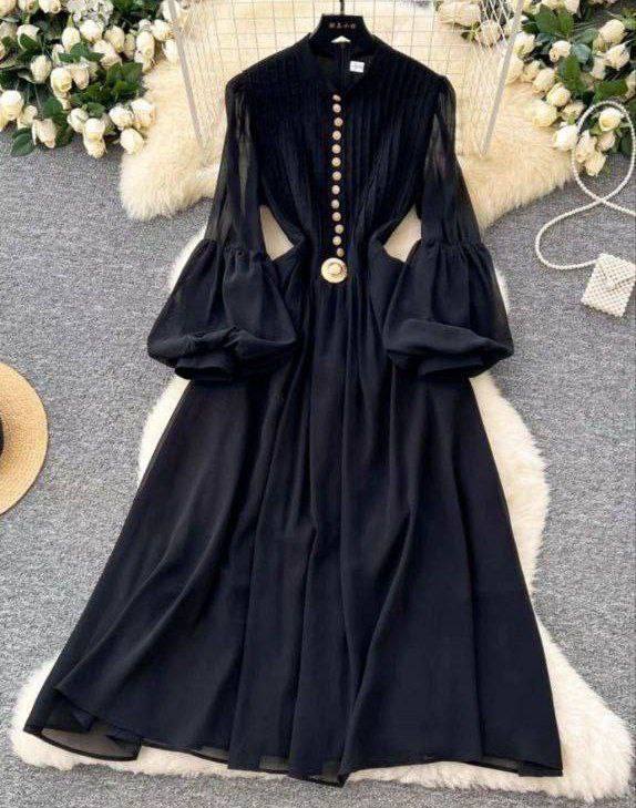 Lucuna - Lantern-Sleeve V-Neck Plain Button-Up Maxi A-Line Dress