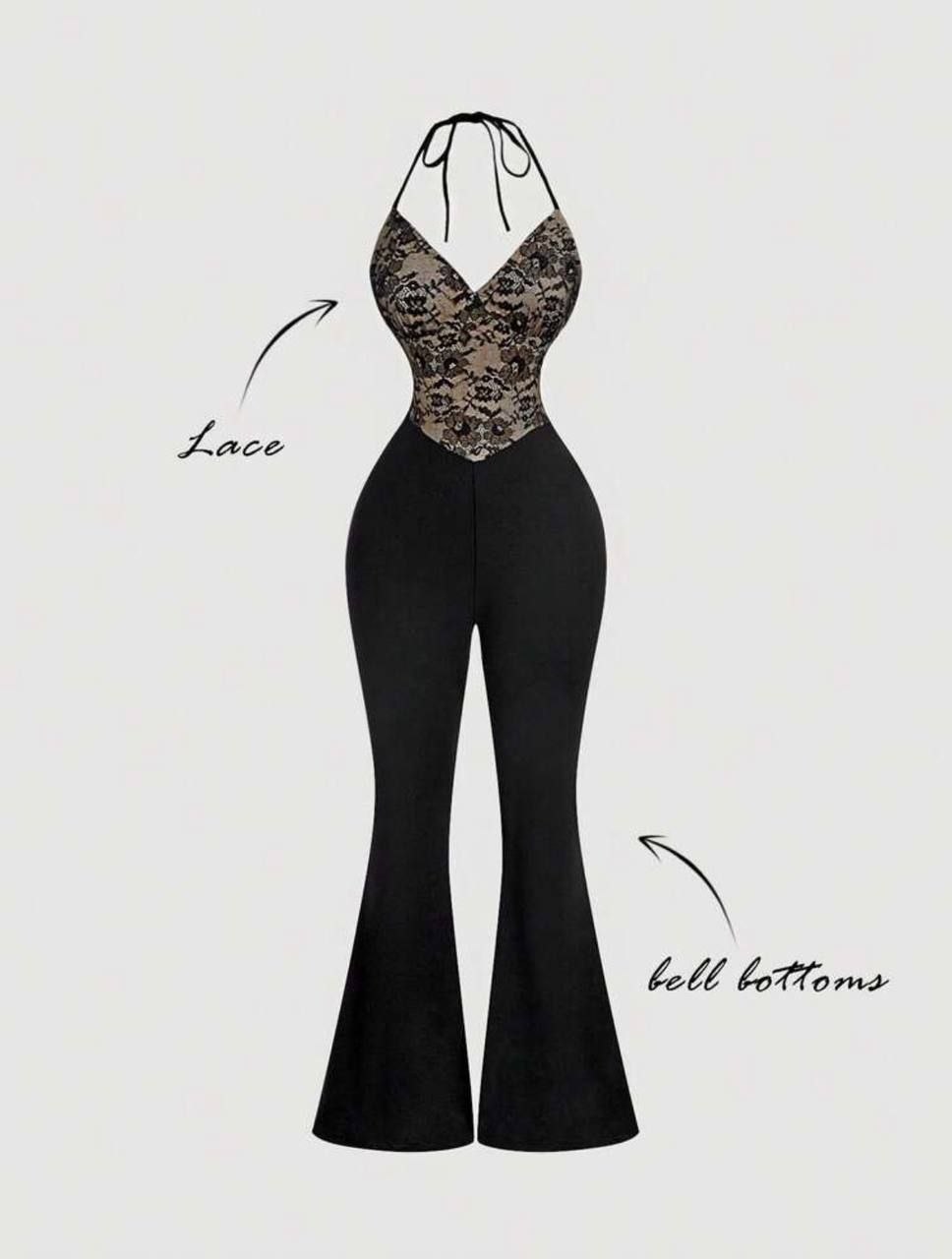 Mod black lace patchwork flare halter jumpsuit