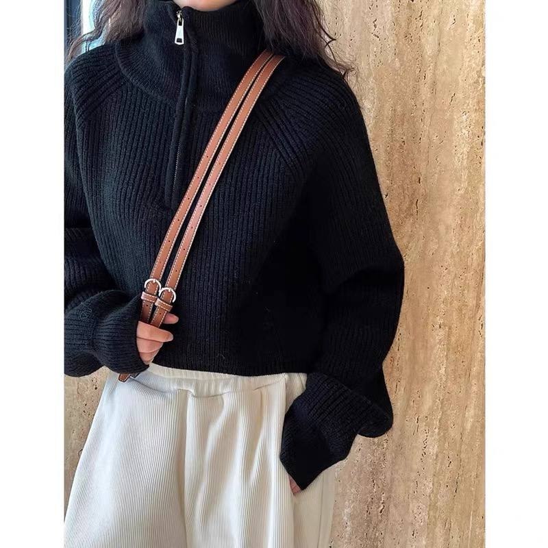Cropped, half-zip ribbed knit sweater