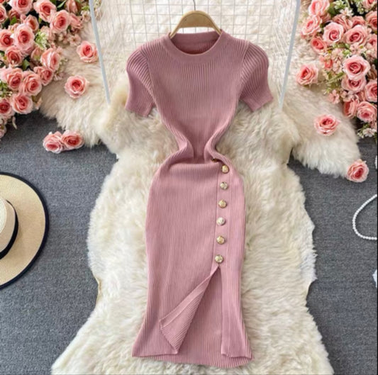 Simple pure colour buttoned slim short dress