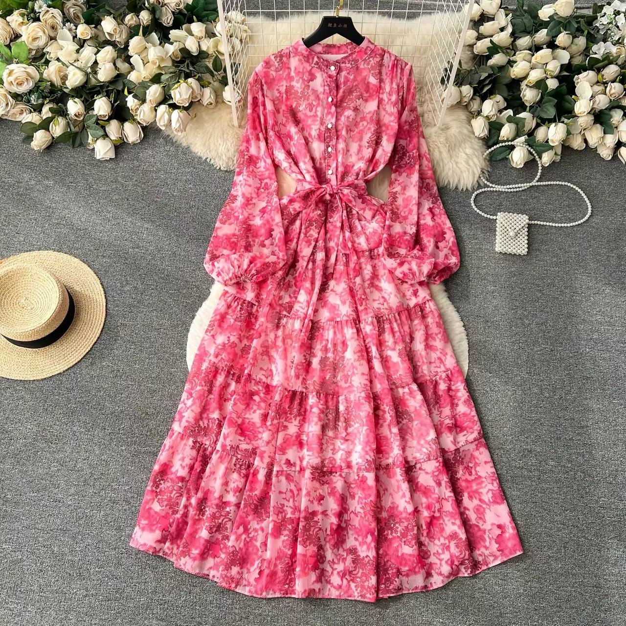 Pink floral tiered chiffon maxi dress