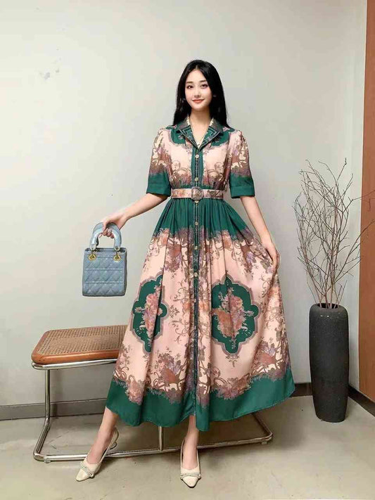 Vintage-style baroque printed maxi shirt dress