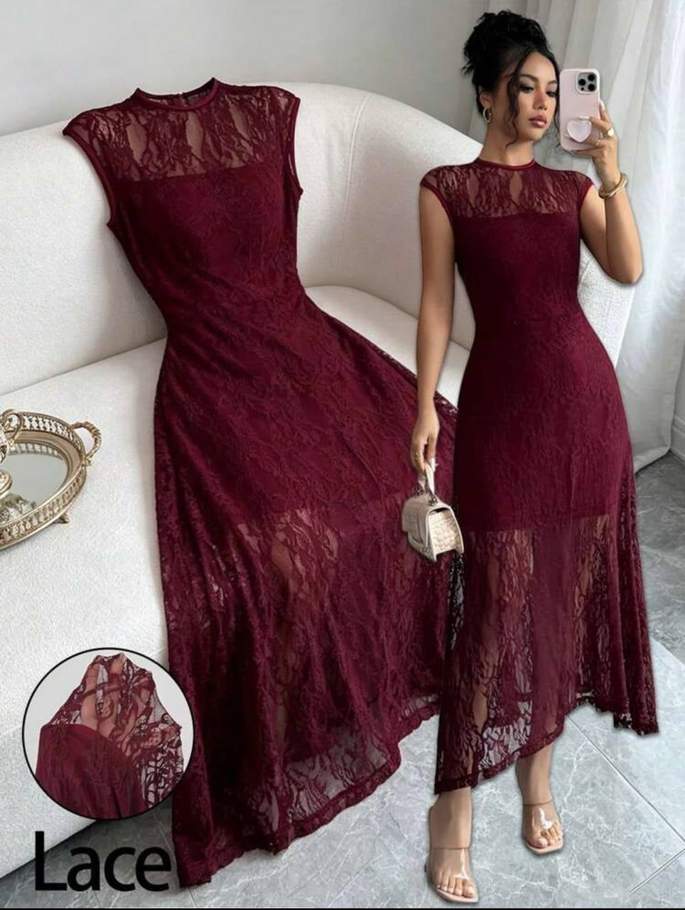 Elenzga Women's Sleeveless Lace Waist Midi Dress