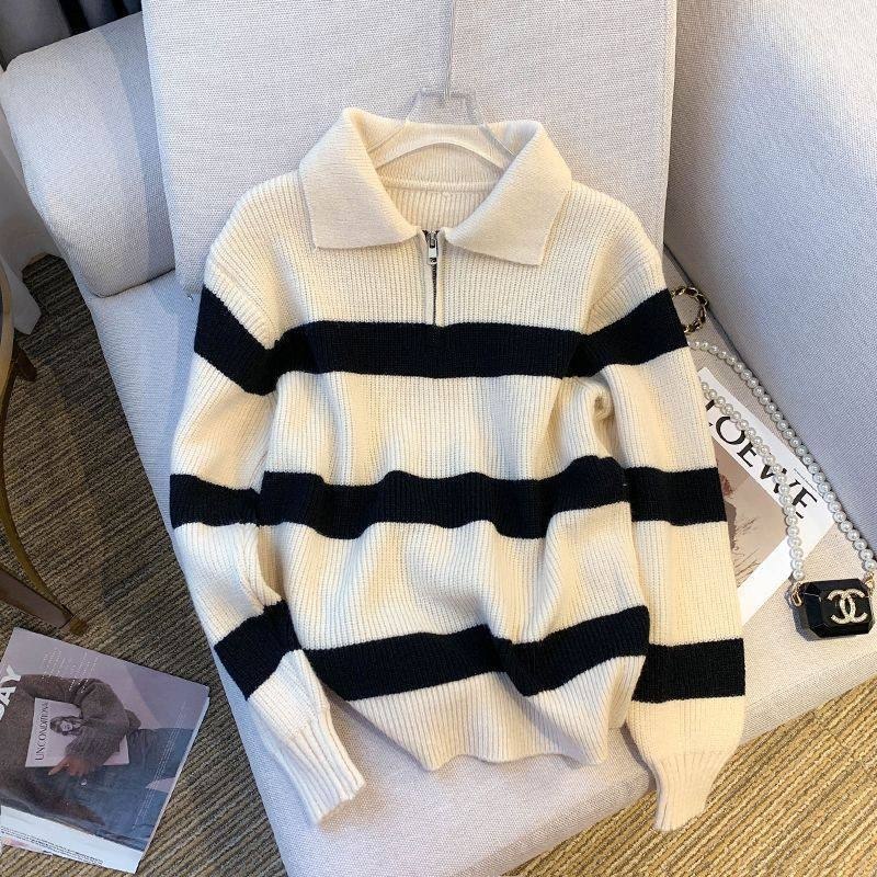 Striped half zip knit sweater