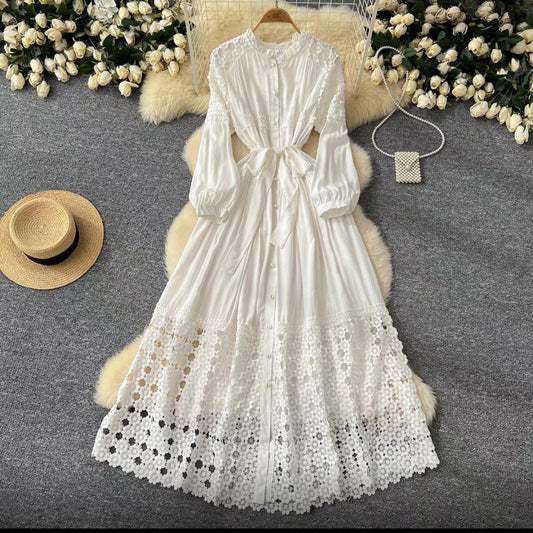 Lace-trimmed long white bohemian maxi dress
