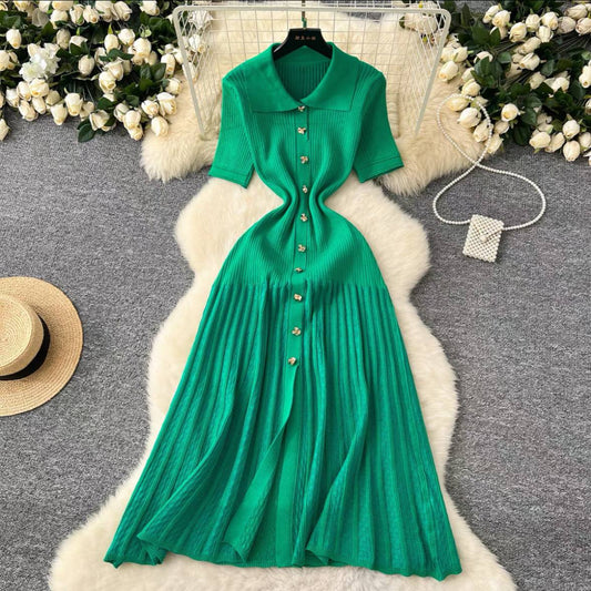 Green, collared, short-sleeve knit maxi dress with buttons