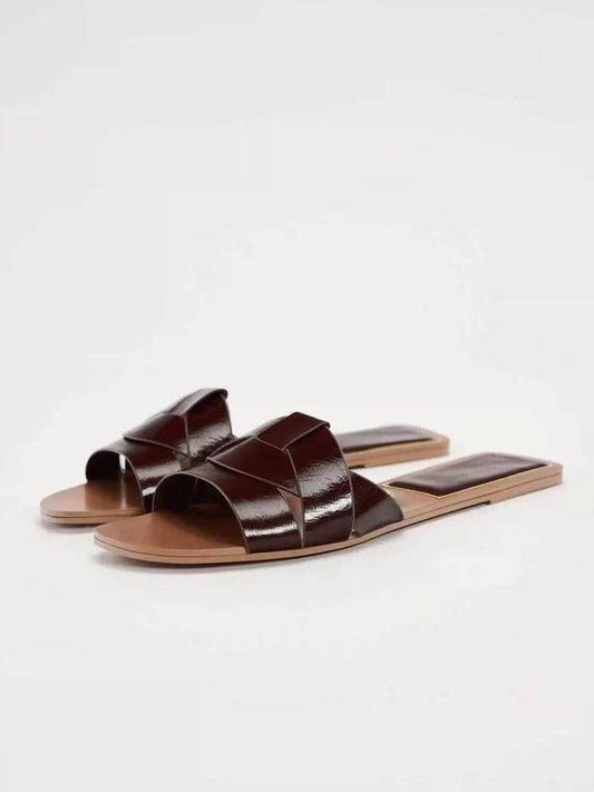 Flat Criss-Cross Leather Slider Sandals