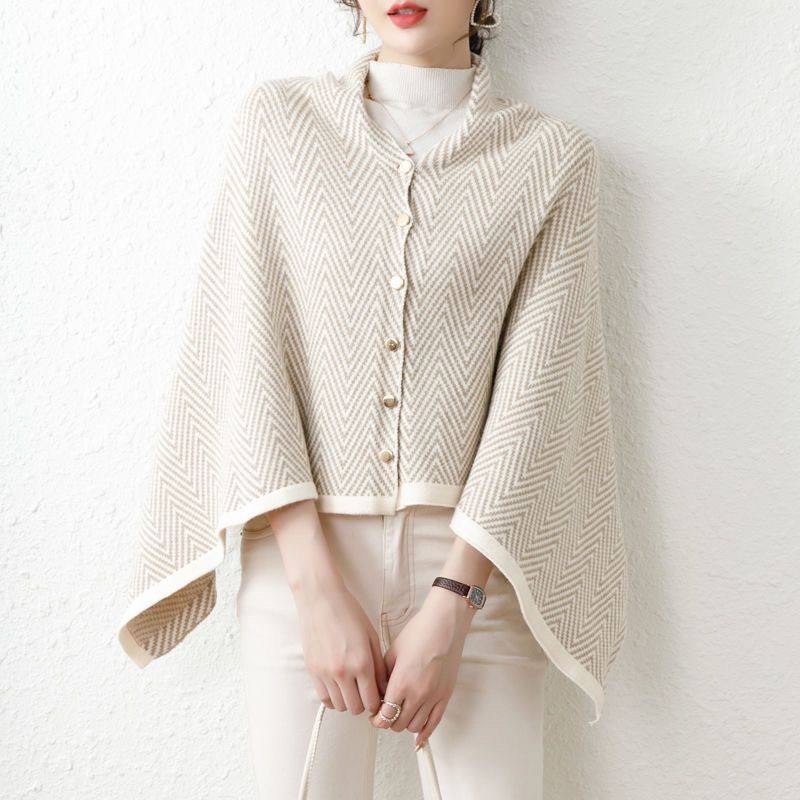 Multi-functional herringbone knit cape shawl