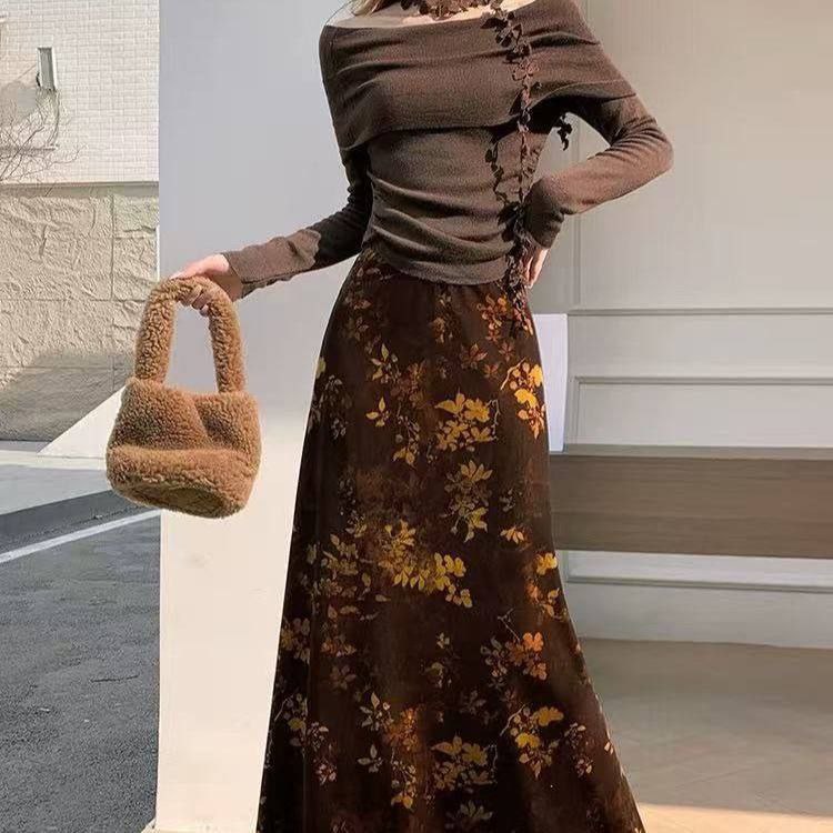 Brown floral print midi or maxi skirt