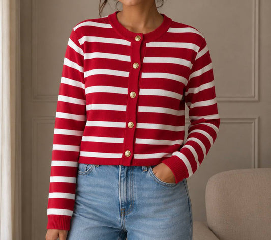 LILLUSORY Women's Striped Crewneck Cardigan Sweater