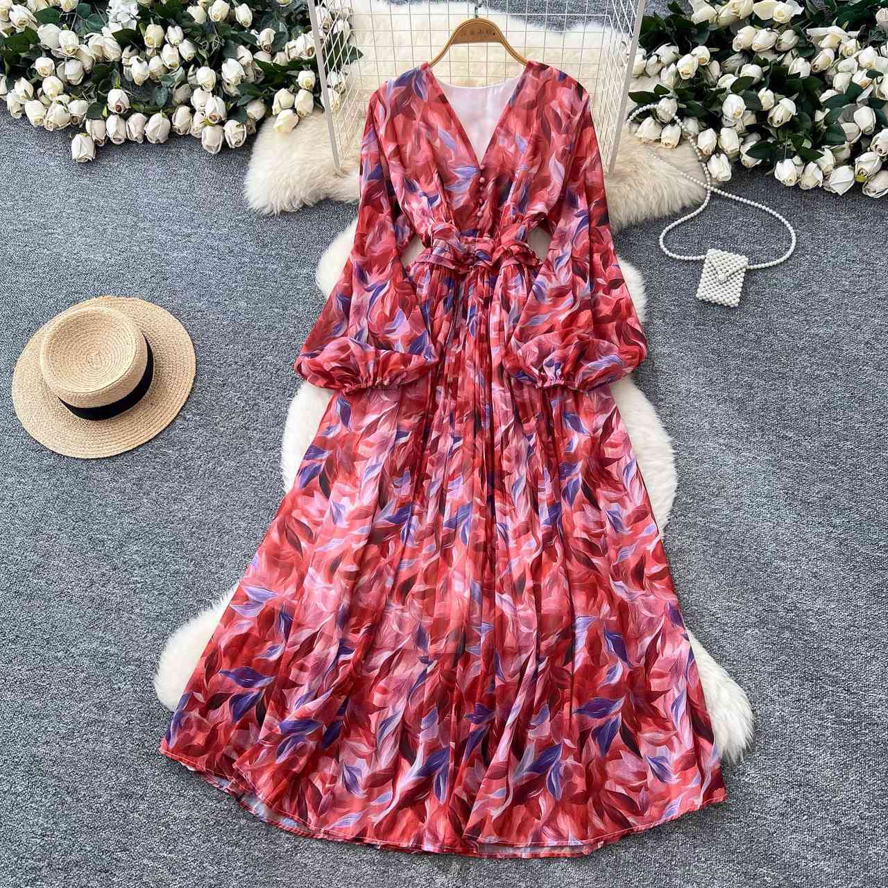 French retro floral watercolor print chiffon maxi dress