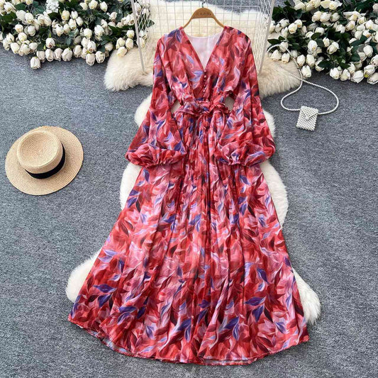 French retro floral watercolor print chiffon maxi dress