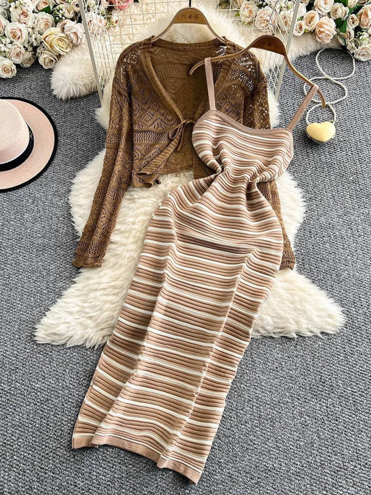 Brown and beige striped knit two-piece set