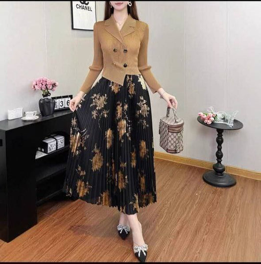 Ribbed Knit Pleated black dress with Asymmetrical Neckline