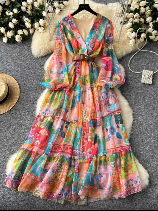 Colorful bohemian-style tiered maxi dress