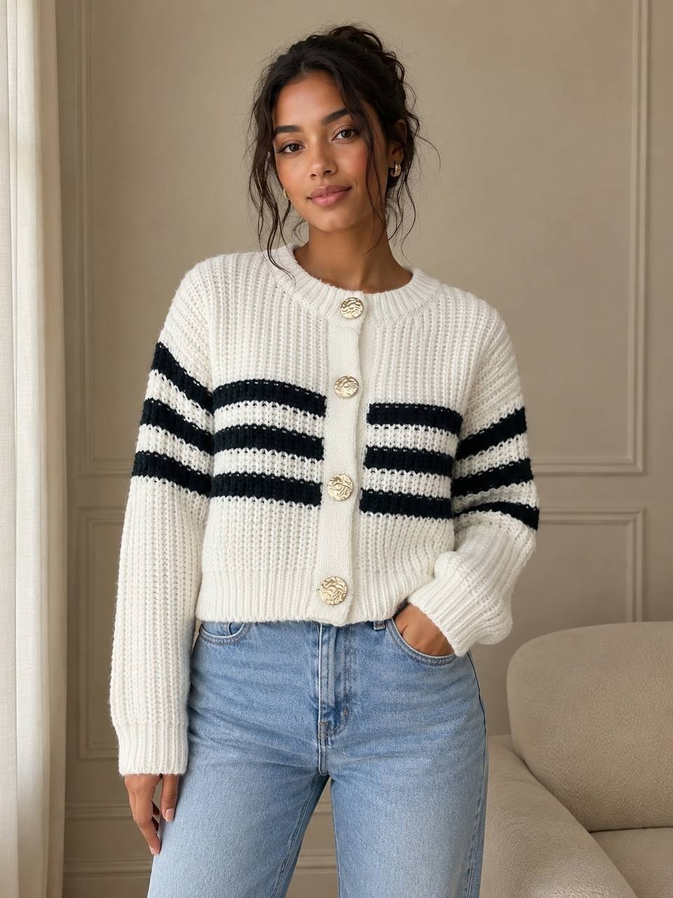 White cropped knit cardigan featuring bold black horizontal stripes and textured gold buttons
