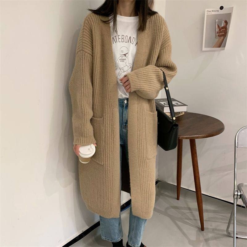 Oversized, beige ribbed-knit longline cardigan