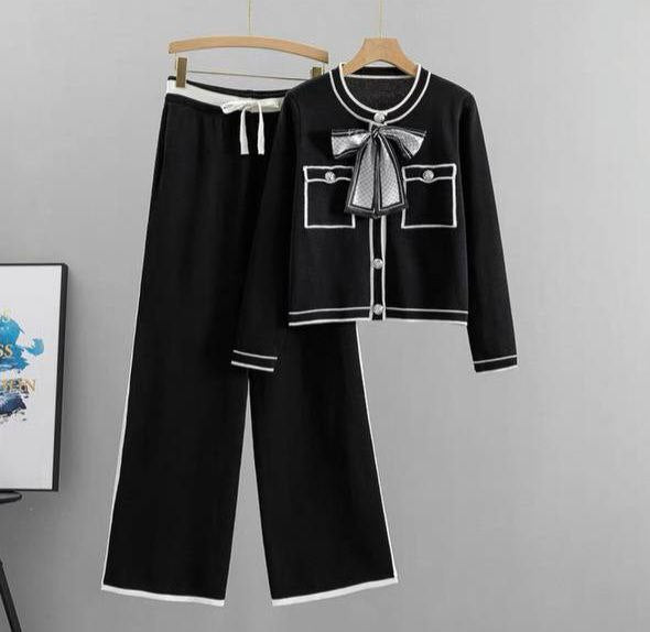 Knit Cardigan Top and Wide-Leg Pants Set