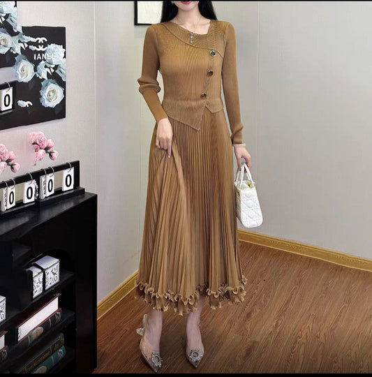 Ribbed Knit Pleated brown dress with Asymmetrical Neckline