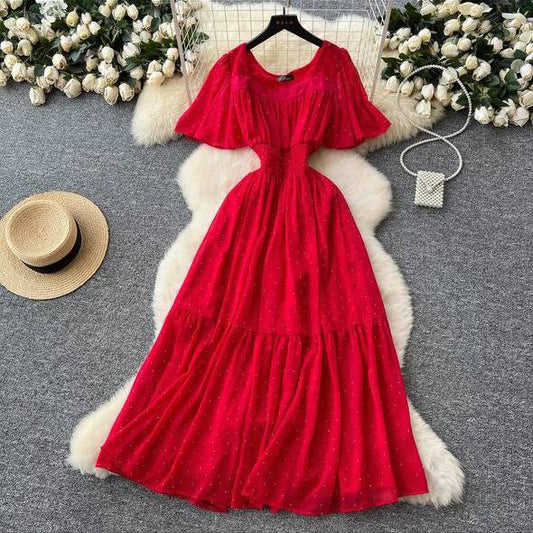 Red polka dot maxi dress for women