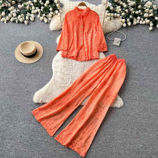 Vibrant coral-orange sheer matching set