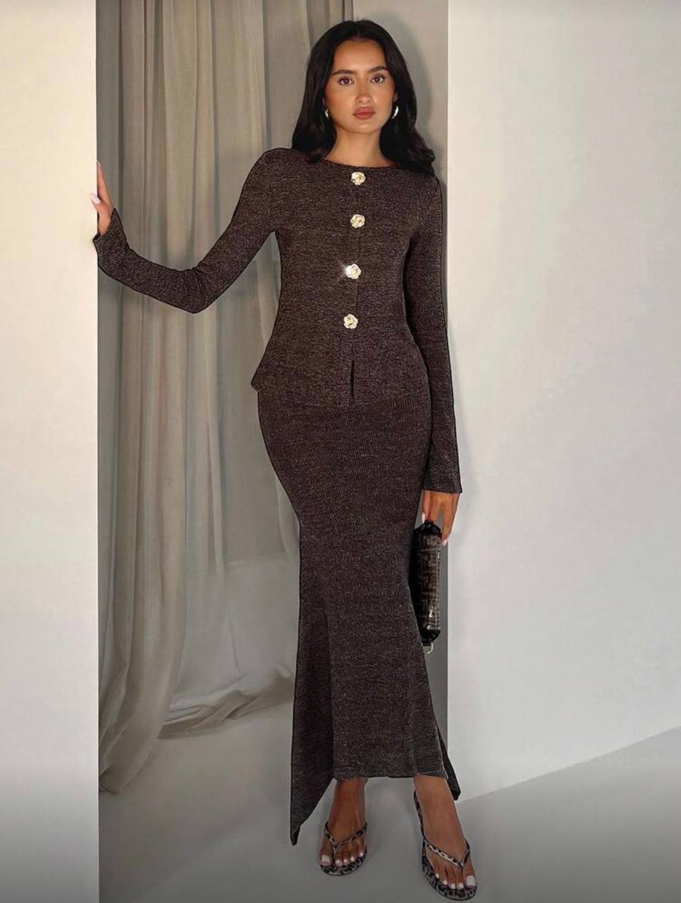 Brown knit top and maxi skirt set