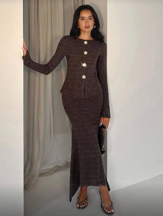 Brown knit top and maxi skirt set