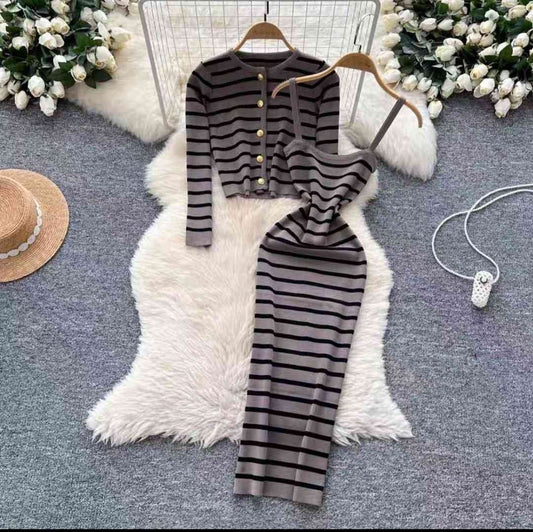 Two-piece striped knit dress and cardigan set