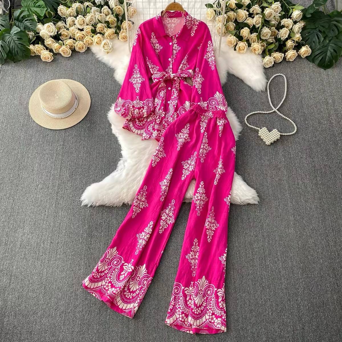 Bright pink two piece women's outfit featuring