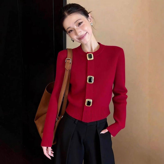 Korean style cropped red cardigan with distinctive large square metal statement buttons