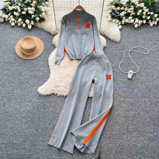 Grey and orange two-piece knit tracksuit